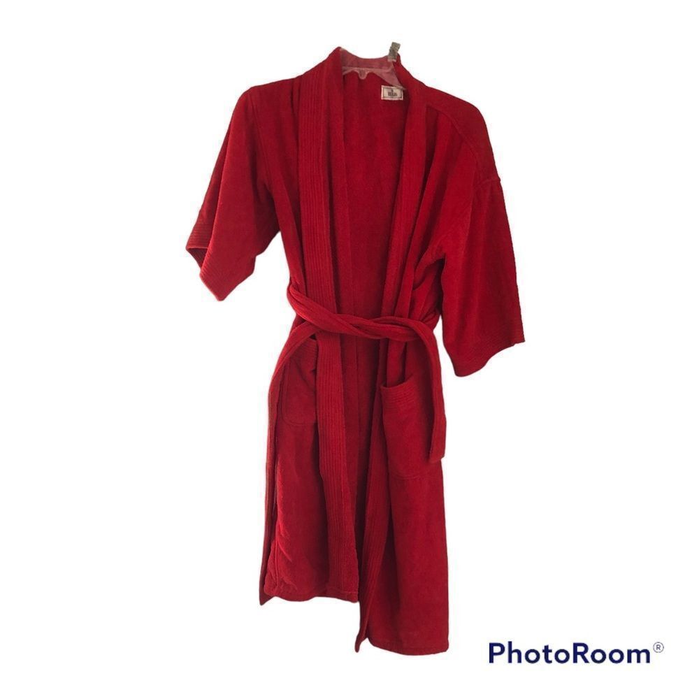 VTG 90s Bill Blass Mens One Size Heavy Terry Cloth Towel Belted Bath Robe Red